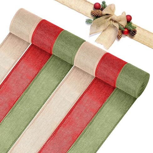 6 Rolls 33 Yards Christmas Burlap Ribbon Fabric Wired Edge Ribbon Green Red Natural Wrapping Ribbon Xmas Craft Ribbon Farmhouse Decorative Ribbon for DIY Christmas Holiday Decor, 2 Inch, 1 Inch in Saudi Arabia