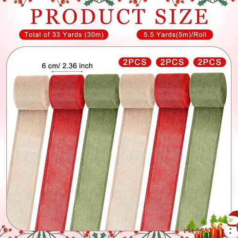 6 Rolls 33 Yards Christmas Burlap Ribbon Fabric Wired Edge Ribbon Green Red Natural Wrapping Ribbon Xmas Craft Ribbon Farmhouse Decorative Ribbon for DIY Christmas Holiday Decor, 2 Inch, 1 Inch in Saudi Arabia