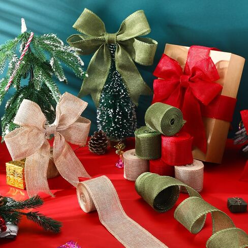 6 Rolls 33 Yards Christmas Burlap Ribbon Fabric Wired Edge Ribbon Green Red Natural Wrapping Ribbon Xmas Craft Ribbon Farmhouse Decorative Ribbon for DIY Christmas Holiday Decor, 2 Inch, 1 Inch in Saudi Arabia