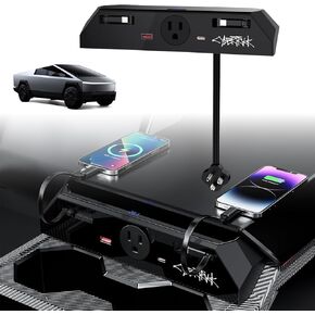 Cybertruck USB Charger Hub with 110V AC Outlet & Retractable Cables - Seamless Integration, 30W PD/QC3.0 Fast Phone Charge, Center Console Docking Station Accessories