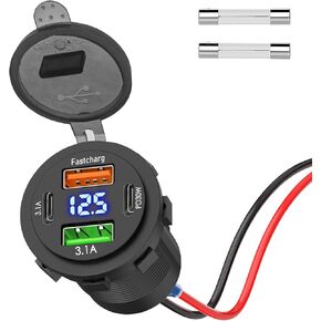 Qidoe 66W 12V usb outlet ، 4 Port Dual PD & Dual Quick Charge 3.0 Charger مع Voltmeter for Car Boat Marine RV