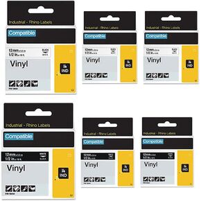 Rhino 4200 5000 5200 Vinyl Label Maker Tape Replacement for Dymo 18444 1805435 Permanent 1/2" Industrial Vinyl Labels Refill Work for DYMO Rhino 6000 3000 Label Maker, 1/2"X18',Black on White, 6 Pack