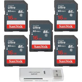 SanDisk 16GB Ultra SDHC UHS-I Class 10 Memory Card 80MB/s U1, Full HD, SD Camera Card SDSDUNS-016G-GN3IN (5 Pack) Bundle with (1) GoRAM USB 3.0 Multi Card Reader