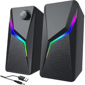 Computer Speakers for Desktop PC, USB-Powered Gaming Speakers for Laptop – Multi Colorful LED Backlight Modes, Stereo Sound for Gamers Music Movies, Indoor & Outdoor Use, 3.5mm AUX Cable