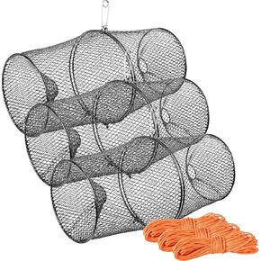 Crawfish Trap with 14.5M Orange Rope, Heavy Duty Steel Mesh with Spring Clip Fishing Trap for Crawdads Crayfish, Black, 3 Packs