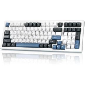 Tri-Mode Mechanical Keyboard BT5.0/2.4GHz/USB-C, Multi-Color LED with 18+ Modes, Hot-Swappable, Red Creamy Switches, Gaming Keyboard for PC/Mac (Blue White)