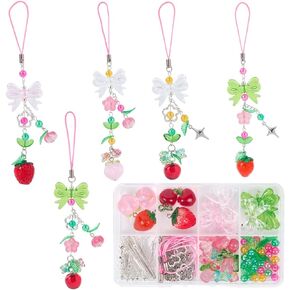 SUNNYCLUE 1 Box DIY 6 Sets DIY Phone Charm Making Kit Resin Strawberry Charms Cute Kawaii Food Peaches Leaf Spring Flower Pendants Cellphone Strap for Women Adults Lanyard Keychains Hand Bag