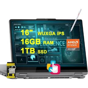 Lenovo Yoga 7 2-in-1 AI PC Laptop 16" WUXGA IPS Touch AMD Zen4 8-core Ryzen 7 8840HS (>i7-12700H) 16GB RAM 1TB SSD Backlit Fingerprint Long-Lasting Battery Rapid Charging Win11 w/ICP Accessory