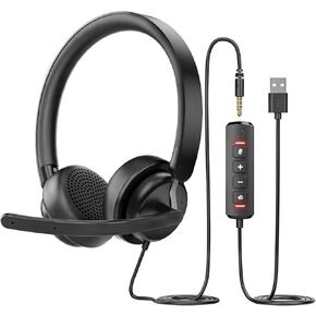 USB Headset with Microphone for PC, Computer Headset with Noise Canceling Microphone for PC Laptop, in Line Mute Controls, Wired Headset for Work from Home/Office/Call Center/Teams/Zoom