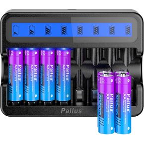 Pallus Lithium AA Batteries Rechargeable with 8 Bay LCD Fast Charger, 16 Pack 1.5V 3500mWh Constant Output Double A Batteries, AA Rechargeable Li-ion Batteries for Blink Camera, 1600+ Cycle Times