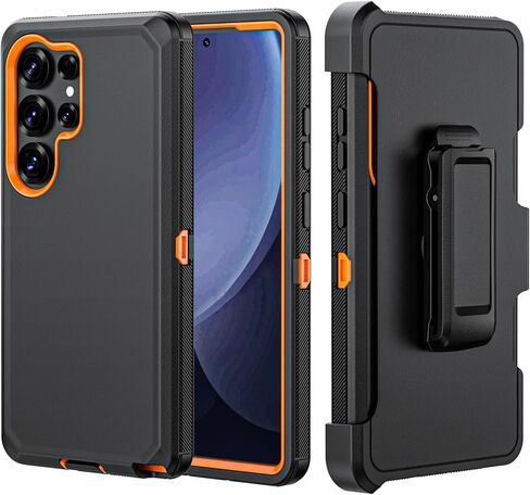 حالة الهاتف لـ Samsung Galaxy S25 Ultra Case ، غلاف حالة حامي الدروع الثقيلة الصلبة مع حزام حزام Clip لـ Samsung S25 Ultra Phone Case (Black+Orange) in Kuwait