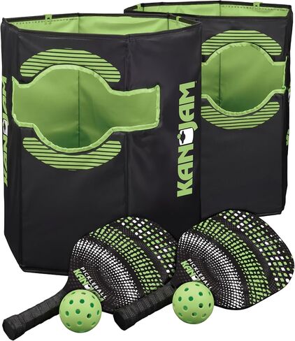 Kan Jam Pickleball - العب Pickleball Anywhere - لعبة كرة المخلل القائمة على الفريق - تتضمن 4 مجاديف كرة مخلل و4 كرات مخلل، أسود/أخضر in Saudi Arabia