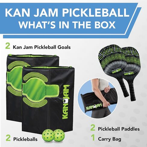 Kan Jam Pickleball - العب Pickleball Anywhere - لعبة كرة المخلل القائمة على الفريق - تتضمن 4 مجاديف كرة مخلل و4 كرات مخلل، أسود/أخضر in Saudi Arabia