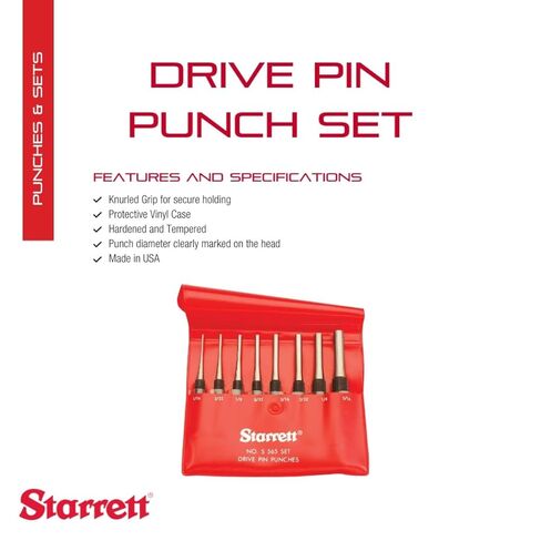 Starrett Drive Pin Punch Set with Knurled Grip and Protective Vinyl Case - 4" Length, 1/16", 3/32", 1/8", 5/32", 3/16", 7/32", 1/4", 5/16" Punch Diameter - S565PC in Kuwait