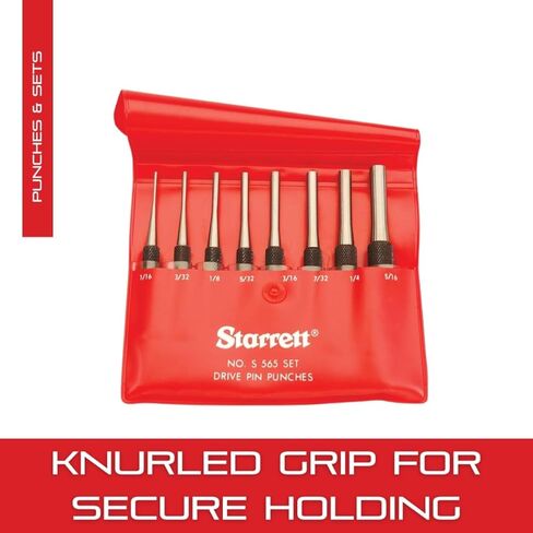 Starrett Drive Pin Punch Set with Knurled Grip and Protective Vinyl Case - 4" Length, 1/16", 3/32", 1/8", 5/32", 3/16", 7/32", 1/4", 5/16" Punch Diameter - S565PC in Kuwait