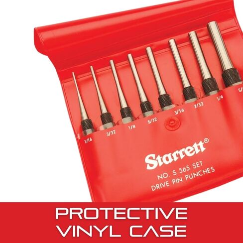 Starrett Drive Pin Punch Set with Knurled Grip and Protective Vinyl Case - 4" Length, 1/16", 3/32", 1/8", 5/32", 3/16", 7/32", 1/4", 5/16" Punch Diameter - S565PC in Kuwait
