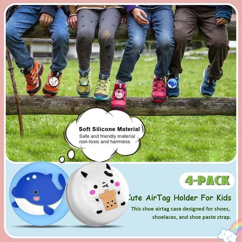[4-Pack] for Air Tag Shoes Holder, Waterproof AirTag Holder Kids Hidden Silicone Cartoon Cute Airtag Case for Children's Shoelaces & Straps (Green/White/Blue/Pink) in Saudi Arabia