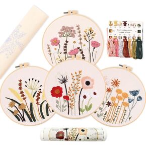 REEWISLY 4 pcs Embroidery kit for Beginners Patterns and Instructions, DIY Adult Beginner Cross Stitch Kits, Including 2 Plastic Embroidery Hoops, 1 Pair of Scissors, Colored Threads and Needles in Kuwait