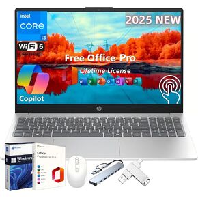 HP 2025 Touchscreen Laptop Computer, 15.6" HD, Office Pro Lifetime License, Intel i3-1315U CPU, 32 GB RAM, 1 TB SSD, Intel UHD Graphics, Long Battery Life, Copilot AI, Windows 11 Pro, w/Accessories