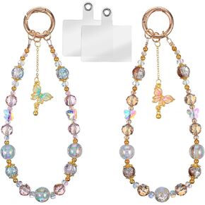 2PCS Beaded Charms Strap, Crystal Detachable Wrist Strap Butterfly Cute Crystal Bracelet Lanyard Phones Charms Aesthetic Key Chain with Tether Tab for Phone Bag Keychain Camera Wallet Decor