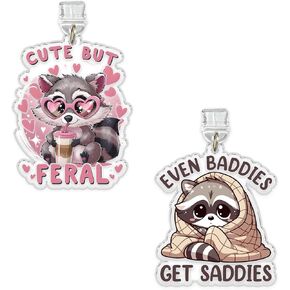 Set 2Pcs Even Baddies Get Saddies, Cute But Feral Kindle Charms Dust Plug Charm 1.5 Inches Raccoon Funny Sarcastic Quote Adult Humor Humorous Lightning/Type C Acrylic Material Accessories for E-Reader