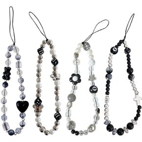 GSHLLO 4 Pcs Black Cell Phone Charms Cute Beaded Phone Lanyard Aesthetic Phone Pendant Non Slip Phone Wrist Strap Camera Bracelet Chains Anti Lost Mobile Phone Bracelets Keychain Charms