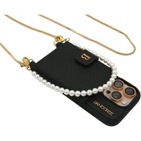 Bandorée Luxury Crossbody Case Compatible with Iphone16 Pro with Pearl Wristlet & Gold Chain Strap – Genuine Leather, Compatible with MagSafe, Card Holder, with Camera Protector