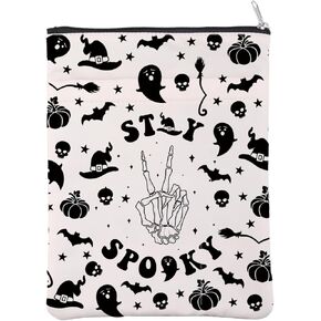 Stay Spooky Book Sleeve غلاف الكتاب الموسمي المخيف هدية حفلة الهالوين الرعب الهيكل العظمي الخفافيش اليقطين سستة الحقيبة للكتب (StaySpookyBS)