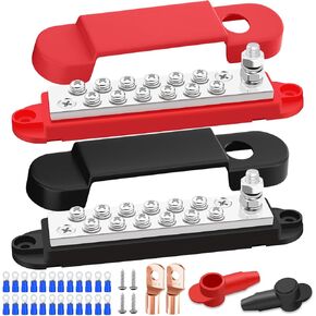 650A Marine Bus Bar Heavy Duty Power Distribution Block, Battery Busbar, Automotive Buss bar Terminal Block with 6X 3/8" (M10) Studs for Car, Boat and Solar Wiring (Black+Red)