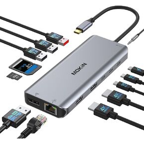 USB C Docking Station, 13 in 1 MOKiN USB C Hub with 3 Monitors,Displayport,USB3.1,RJ45,100W PD,Card Reader,Audio/Mic, for Dell HP Lenovo
