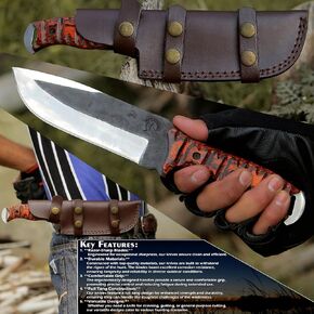 Fixed blade knife Hunting Knife with leather sheath Densified Wood handle,Bush craft, Camping, with Cowhide Leather Sheath – BW-4150