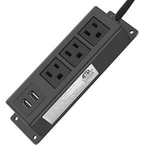 CCCEI 3 Outlets Wall Mount Power Outlet Strip with USB, Under Desk Power Strip Mountable Large Flat Plug, Desk Mount, 6FT Power Cord.