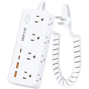 Retractable Power Strip with Surge Protection - Spring Extension Cord(1FT to 4FT), 8 AC Outlets & 4 USB Ports (2 USB-C), 1700J Surge Protector, Wall Mountable Flat Plug for Home/Office