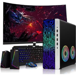 HP G4 Desktop Computer PC AMD Pro A10-9700 R7, 16GB RAM, 256GB SSD, 27 Inch Curved Monitor, RGB Speaker, RGB Keyboard with AI-Enabled Copilot Key, Mouse, 2X ARGB Fan WiFi, Windows 11 Pro (Renewed)