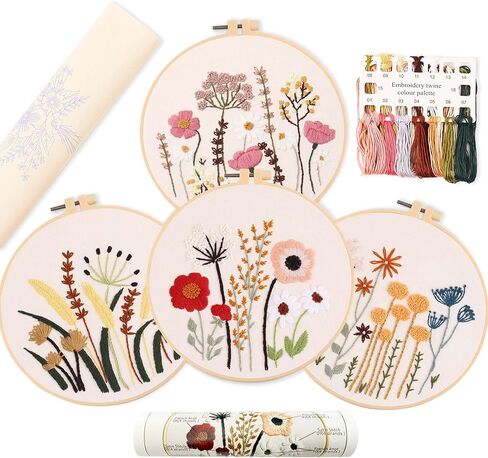 REEWISLY 4 pcs Embroidery kit for Beginners Patterns and Instructions, DIY Adult Beginner Cross Stitch Kits, Including 2 Plastic Embroidery Hoops, 1 Pair of Scissors, Colored Threads and Needles in Kuwait