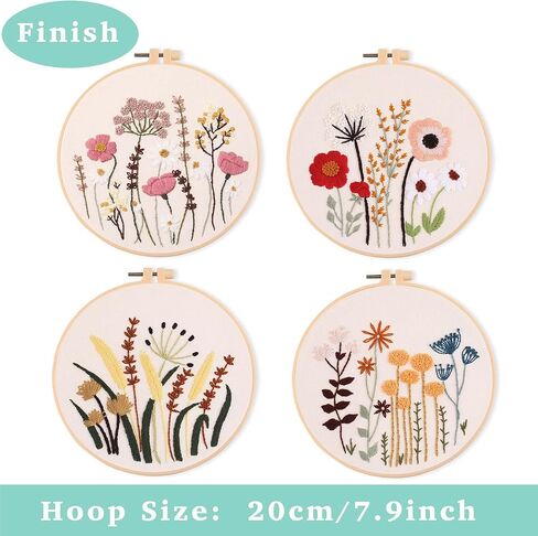 REEWISLY 4 pcs Embroidery kit for Beginners Patterns and Instructions, DIY Adult Beginner Cross Stitch Kits, Including 2 Plastic Embroidery Hoops, 1 Pair of Scissors, Colored Threads and Needles in Kuwait