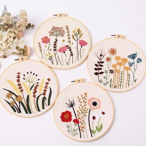 REEWISLY 4 pcs Embroidery kit for Beginners Patterns and Instructions, DIY Adult Beginner Cross Stitch Kits, Including 2 Plastic Embroidery Hoops, 1 Pair of Scissors, Colored Threads and Needles in Kuwait