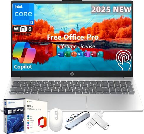 HP 2025 كمبيوتر الكمبيوتر المحمول HP على شاشة تعمل باللمس ، 15.6 "HD ، Office Pro Lifetime License ، Intel I3-1315U CPU ، 32 GB RAM ، 1 TB SSD ، Intel UHD Graphics ، Long Battery ، Copilot AI ، Windows 11 Pro ، W/Accessories in Kuwait