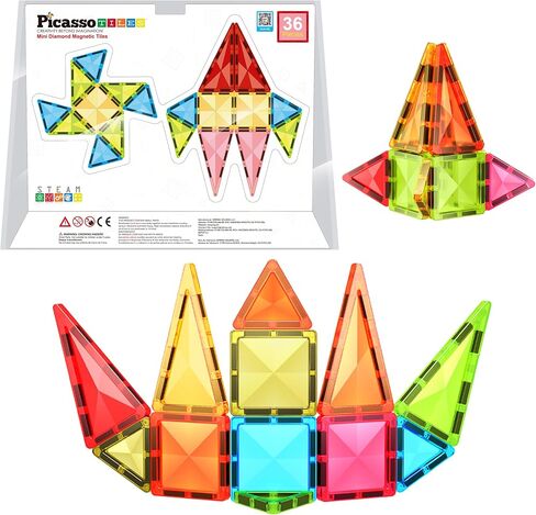 PicassoTiles 36pc Magnet Tile Building Blocks Mini Diamond Series Magnetized Toy Travel Size Compact Portable Magnetic Construction Block STEM Sensory Toy Early Education Learning Kids Ages 3+ PTM36 in Saudi Arabia