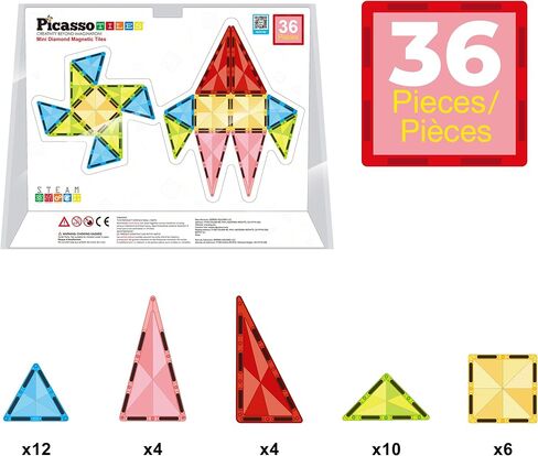 PicassoTiles 36pc Magnet Tile Building Blocks Mini Diamond Series Magnetized Toy Travel Size Compact Portable Magnetic Construction Block STEM Sensory Toy Early Education Learning Kids Ages 3+ PTM36 in Saudi Arabia