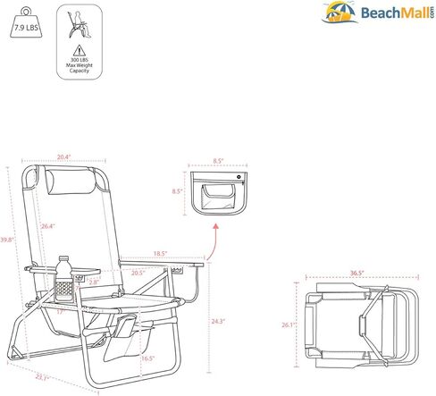 Big Jumbo 500 LBS XL كرسي شاطئ شاق واسع للخدمة للبالغين الكبار والطويلون ، أنابيب الألومنيوم - 4 مواقف مستلقية in Kuwait
