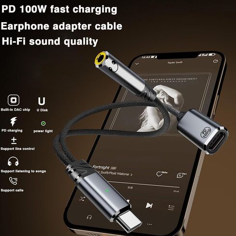 USB C to 3.5mm Headphone and Charger Adapter 2 in 1 USB C to AUX Audio Jack High Resolution DAC and PD60W Fast Charging Adapter,Compatible with iPhone 16/15 Pro Max Plus,Galaxy S25 S24 Ultra (Gray) in Kuwait