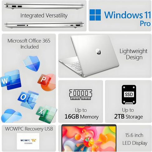 جهاز كمبيوتر محمول HP 15 بوصة للمنزل أو العمل ، معالج Intel 4-Core ، ذاكرة الوصول العشوائي 16 جيجابايت ، 256 جيجا بايت SSD ، 15.6 "Micro Edge LED IPS ، قارئ بطاقة SD ، HDMI ، Windows 11 Pro مع Microsoft Office 365 ، in Saudi Arabia