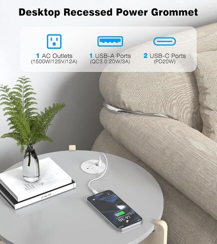 2 Pack Desk Grommet Power Outlet, 2.5 inch Desktop Recessed Outlet with 20W Fast Charging USB-C Port, Flush Mount Outlet for Conference Rooms, Office Tables, Furniture(ETL Listed) in Kuwait
