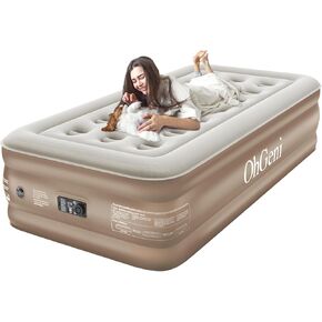 OhGeni Twin Air Mattress with Built in Pump for Guest, 18" Tall Inflatable Blow Up Air Bed with Carrying Bag for Camping, Raised Elevated High Airbed,Light Brown