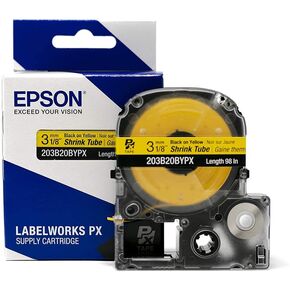 Epson LABELWORKS 203B20BYPX Tape Cartridge - Black on Yellow Shrink Tube Industrial Label Maker Tape - AWG 14-22, 1/8" (3MM) Wide, 8 ft (98")