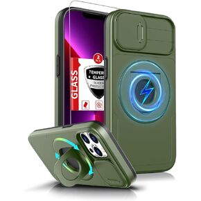 for iPhone 12 Pro Max Case Compatible with MagSafe Magnetic,with 2 Screen Protector,with Camera Cover&360°Kickstand Ring,Military Grade Drop Shockproof Heavy Duty Protection Phone Bumper Black