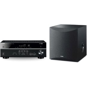 YAMAHA RX-V385 5.1-Channel 4K Ultra HD AV Receiver with NS-SW050BL 8" 100W Powered Subwoofer, Black