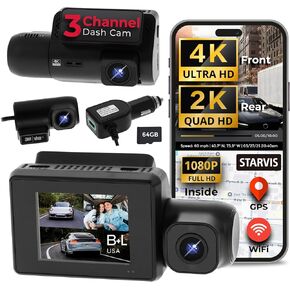 B+L USA Premium 3 Channel Dash Cam with Sony STARVIS IMX Sensors - 4K Front, 2K Rear, FHD Inside Dash Camera for Cars - WiFi, Night Vision, GPS, G-Sensor Safety, Free MicroSD 64GB Card