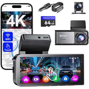 Dash Cam Pront Pront ، 4K Full HD Dash Camera للسيارات ، وشملت بطاقة 64 جيجا بايت مجانية ، وكاميرا مدفوعة Wi-Fi Car Camer
